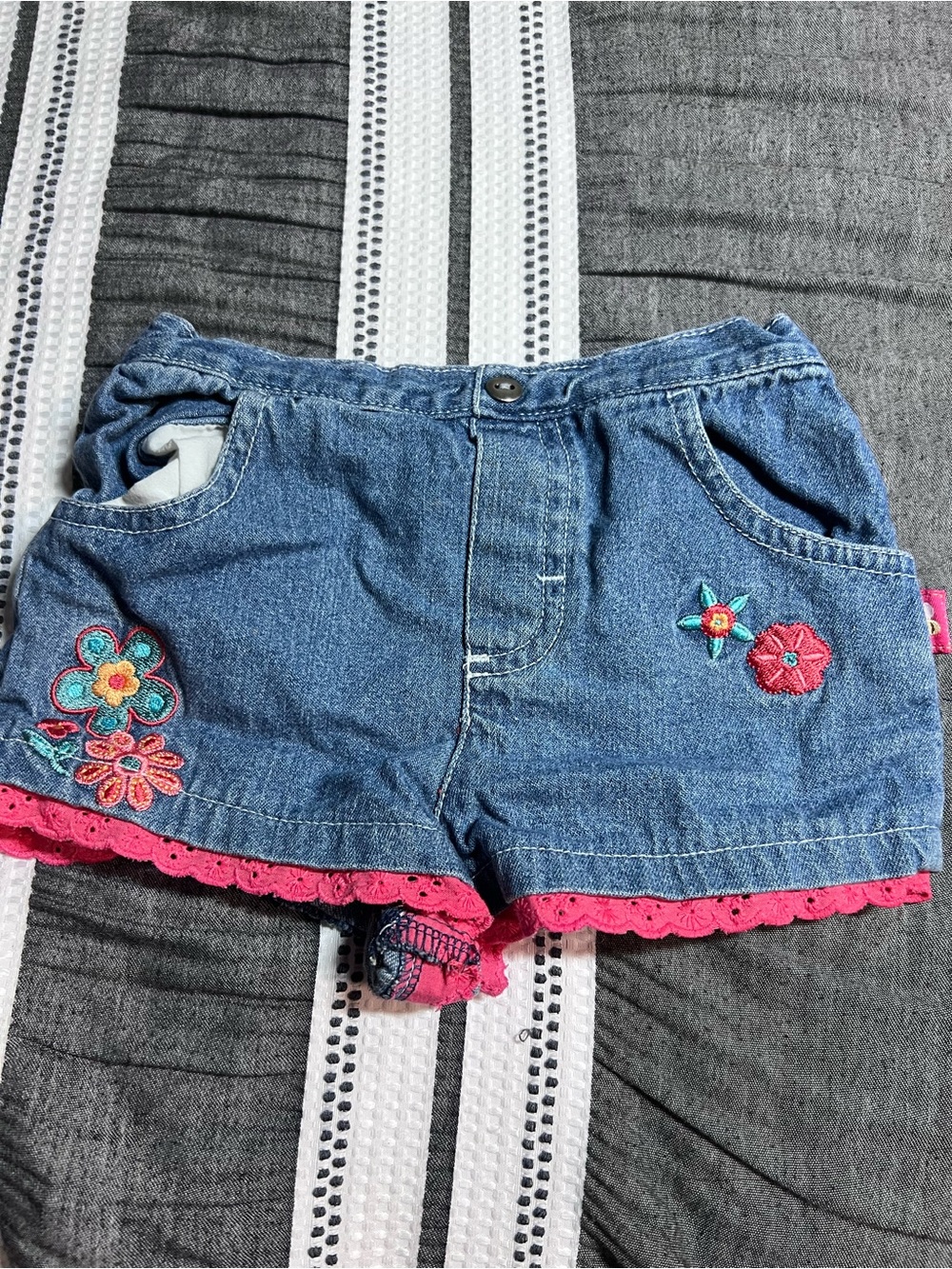 Disney Blue Denim Girls Shorts with Pink Trim and Floral Embroidery